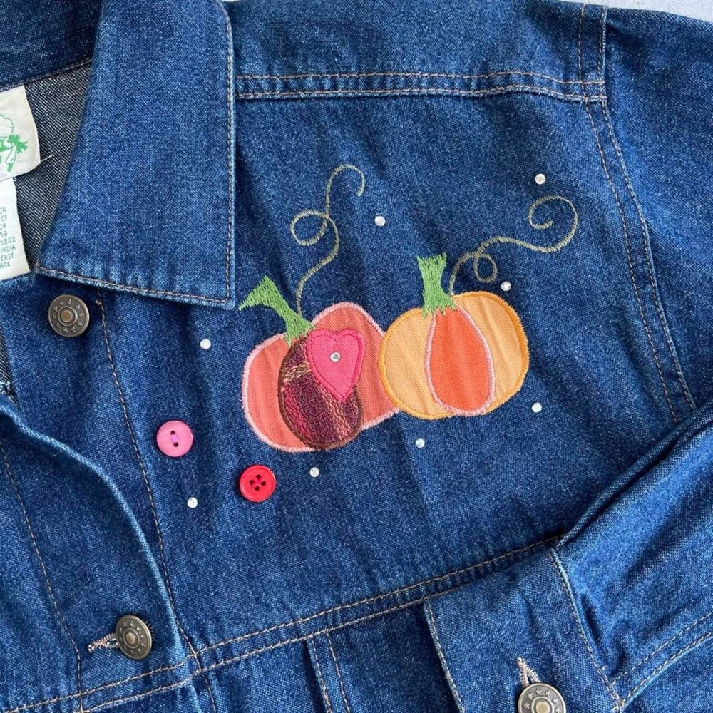 Vintage Quacker Factory Embroidered Denim Halloween Scarecrow Pumpkin Jacket - Picture 7 of 10